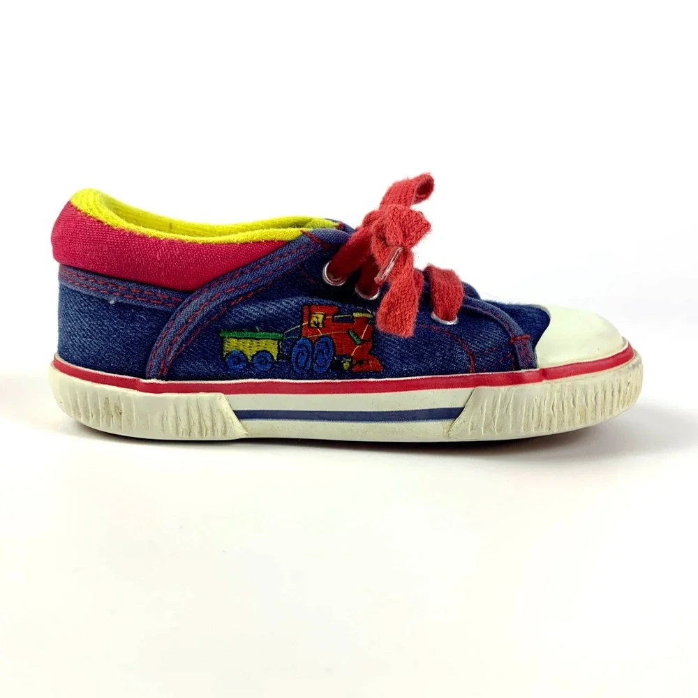 VTG Circo Denim Shoes‎ Toddler 7.5 Embroidered Trains Primary Colors Blue Red